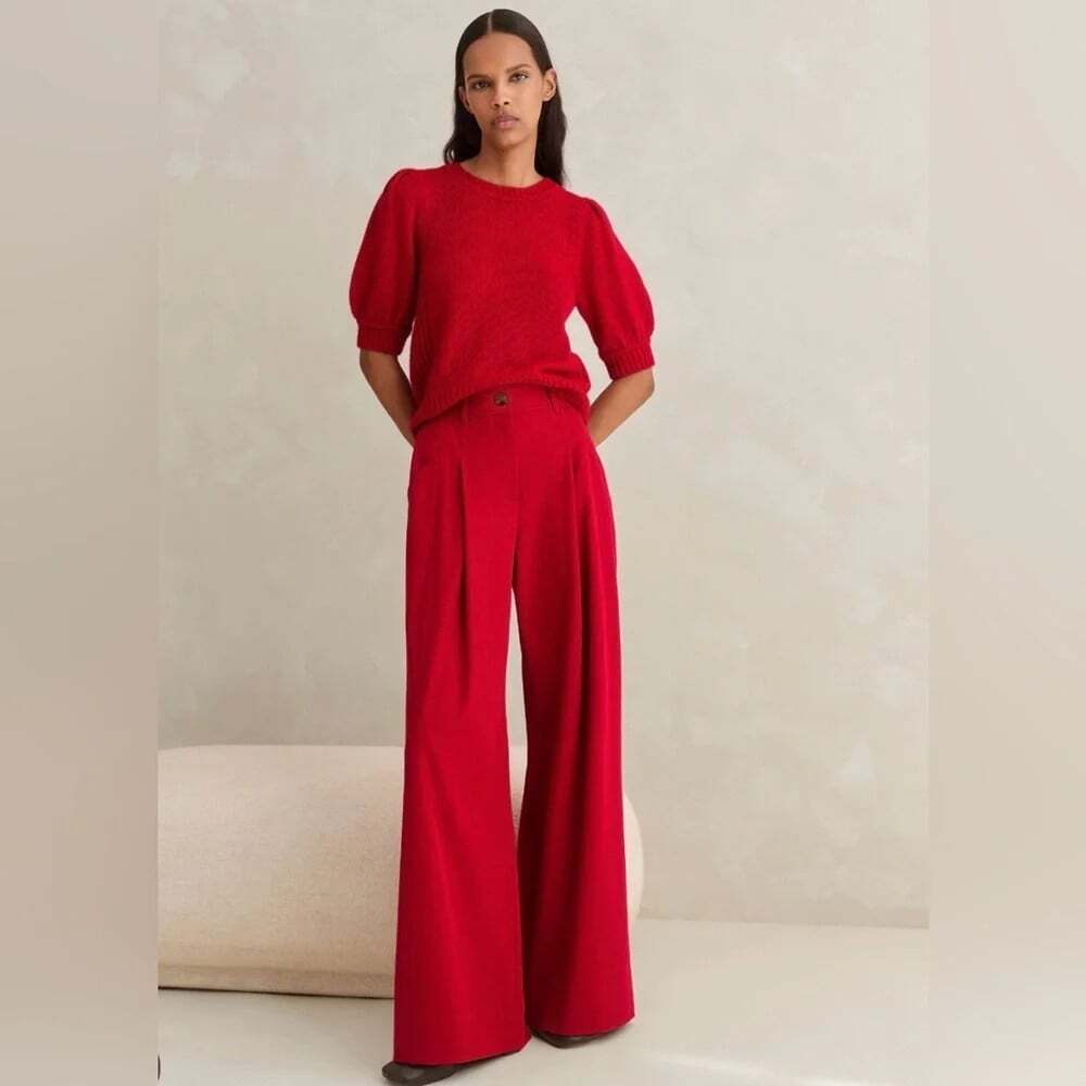 ME+EM Statement Twill Wide-Leg Trouser Size 4 Scarlet Red Holiday Corporate Chic